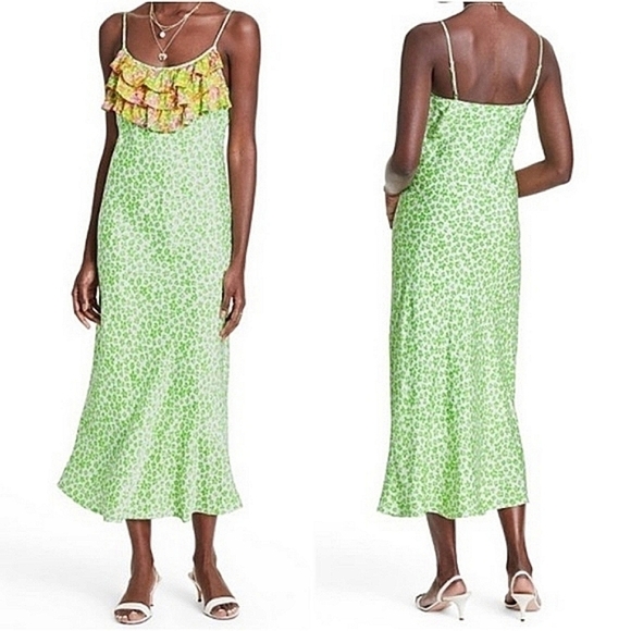 RIXO Dresses & Skirts - Rixo Sleeveless Ruffle Leopard Slip Midi Dress Nwt